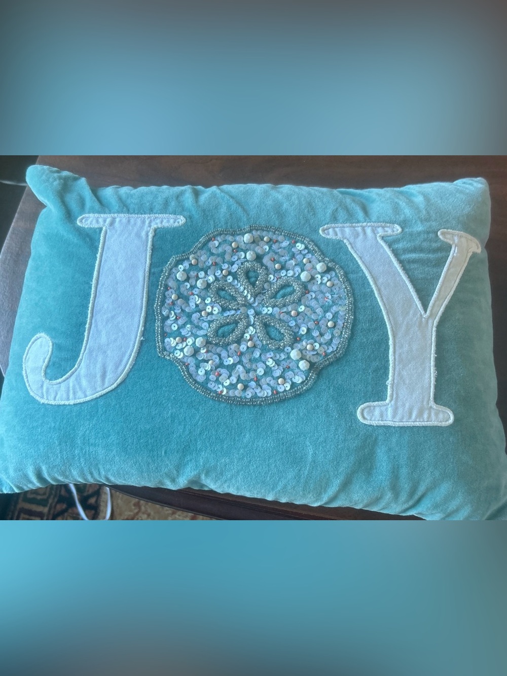 Pier 1 velvet teal JOY Christmas throw pillow embellished beaded shell